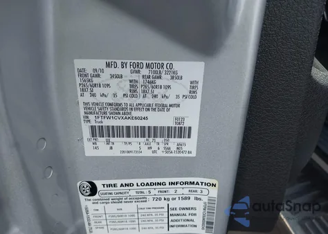 2010 Ford F-150 Fx2 Sport/Harley-Davidson/King Ranch/Lariat/Platinum/Xl/Xlt из США, поврежденный, VIN 1FTFW1CVXAKE60245